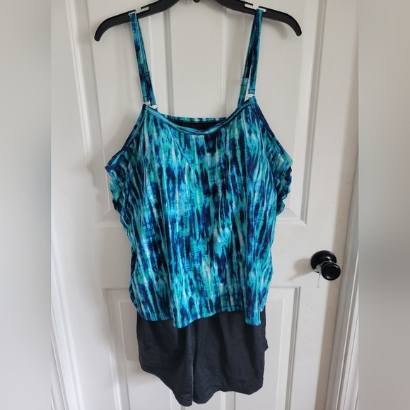 Trimshaper Women's Farrah Blue Black Tie Dye Romper One-Piece Swimsuit Size 24W - Picture 1 of 5